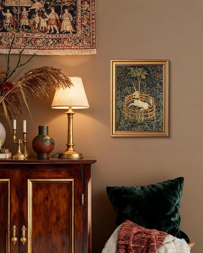 VIYYIEA Vintage Gold Framed Wall Art for Living Room, Unicorn Canvas Prints Home Decor, Oil Painting Picture, Bedroom Wall Decor Gifts for Friends or Family -【The Unicorn in Captivity】-(16L x 12W)