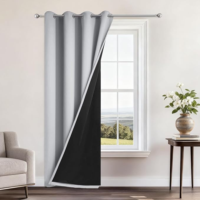 Yakamok Light Grey 100% Blackout Curtains 96 Inches Long 52" Wide 1 Panel | Blackout Curtain Panels for Bedroom, 2 Thick Layers Grommet Top Thermal Insulated Drapes with Black Liner for Living Room