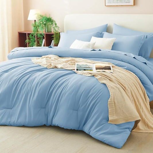 Queen Comforter Set Baby Blue, 7 Pieces Bed in a Bag | OEKO-TEX Certified, All-Season, Bedroom, 240GSM Down Alternative Comforter, Flat & Fitted Sheets, 2 Pillowcases & 2 Shams