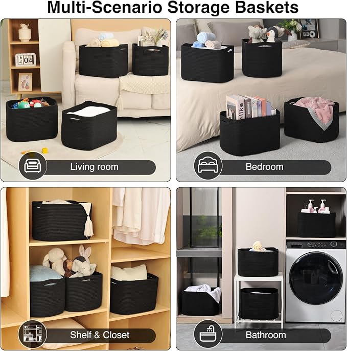ICERZCZ Storage Baskets for Organizing & Shelves, Woven Cotton Rope Organization Bins for Dog Toys, Clothes, Books, Nursery Organizer, 15"Lx11''Wx9.5''H, (4 Packs) Black