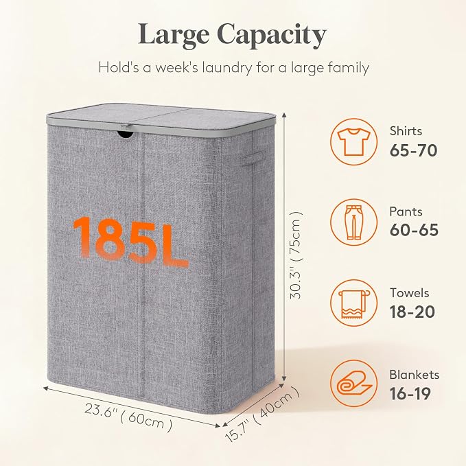 Lifewit 185L 3 Section Laundry Hamper with Lid, Laundry Basket, Light Gray | Large Foldable Laundry Sorter with 3 Removable Bags, Tall Clothes Hamper for Bedroom and Bathroom
