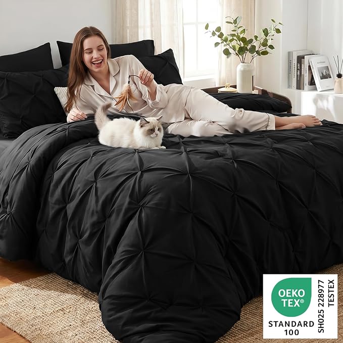 King Size Comforter Set Black, 7 Pieces Pintuck Bed in a Bag | OEKO-TEX 100 Certified, 240GSM All Season, Bedroom, Guest Room, Down-Alternative Comforter, Sheets, Pillowcases & Shams