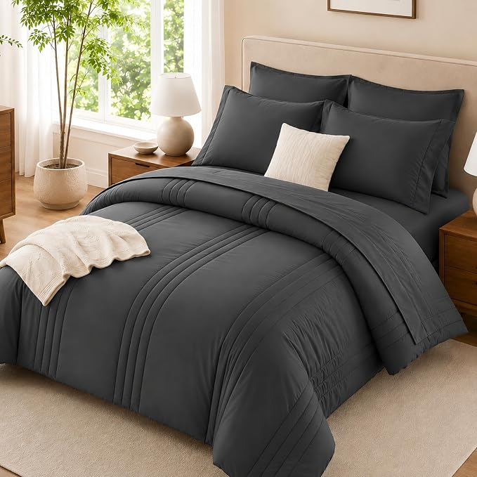 King Comforter Set Dark Grey - Bed in a Bag King Size 7 Pieces, Soft Bedding Set for All Seasons, Premium King Comforter Set with Comforter, Sheets, Pillowcases & Shams