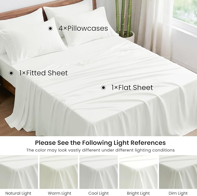 Love's cabin 6 Piece Queen Sheet Set, 100% Rayon Derived from Bamboo, Cooling & Breathable, Soft Silky Deep Pocket up to 16", Hotel Luxury Bedding for Hot Sleepers, White