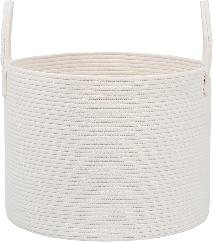 JMvicyroam 65L Extra Large Machine Washable Cotton Rope Blanket Basket | Collapsible laundry hamper, Reinforced handles, For blankets, pillows, toys and clothes, Living room and bedroom, White