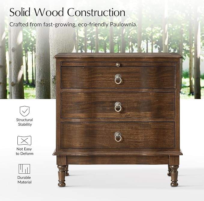 HULALA HOME Solid Wood End Table with Charging Station, 3 Drawer End Table with Pull-Out Tray, USB & Type-C Ports, Traditional Curved Front Accent Side Table for Living Room Sofa, Walnut