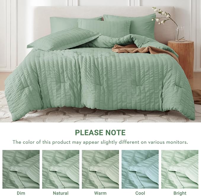 7 Pieces Full Comforter Set, Seersucker Bed in a Bag Full Size, All Season Luxury Bedding Set with Comforter, Flat Sheet, Fitted Sheet, Pillowcases & Shams, Sage Green