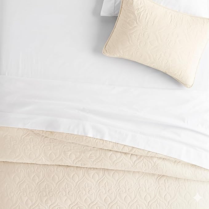 Merit Linens Classic Quilt Coverlet Soft Set in Damask Stitching - Twin/TwinXL Ivory