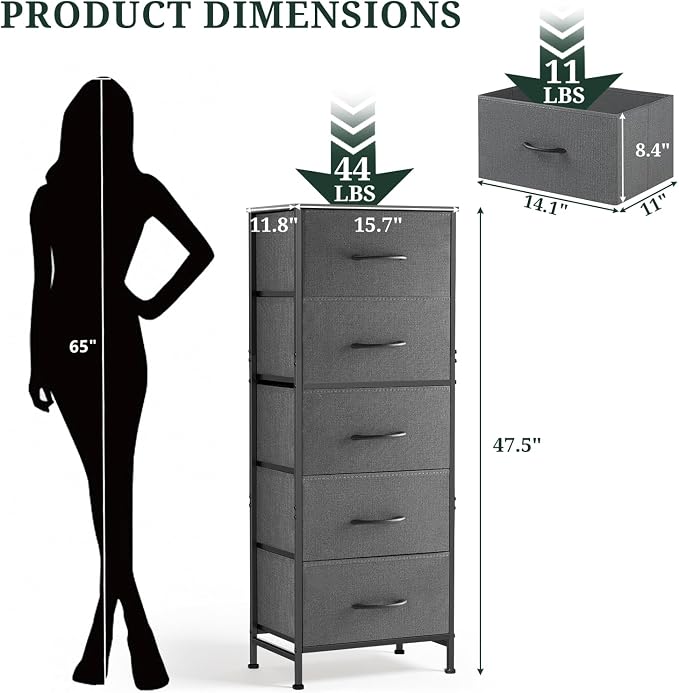 5 Drawers Dresser for Bedroom Fabric Storage Tower with Wooden Top | Steel Frame Tall Chest of Drawers for Closet, Entryway, Dorm, Gray