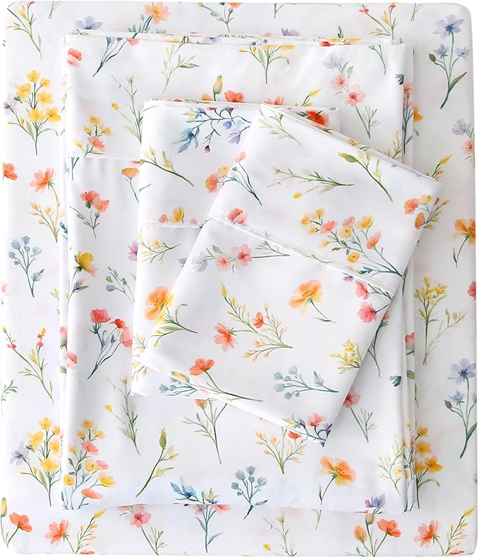 Viviland Floral King Sheet Set - 4 Piece Vintage Botanical Flower and Leaves Patterned Bed Sheets - Soft, Breathable Microfiber Sheets with Deep Pocket, Non-Slip Fitted Sheets & Pillowcases