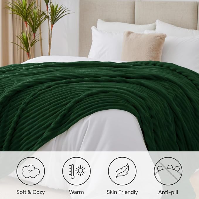 BEDELITE Ribbe Blankets Queen Size for Bed, Forest Green, 90"x90" | Ultra-Soft Plush Fleece, Warm Yet Lightweight, Ribbed Texture, Home Decor, Machine Washable, Giftable, All-Season Use