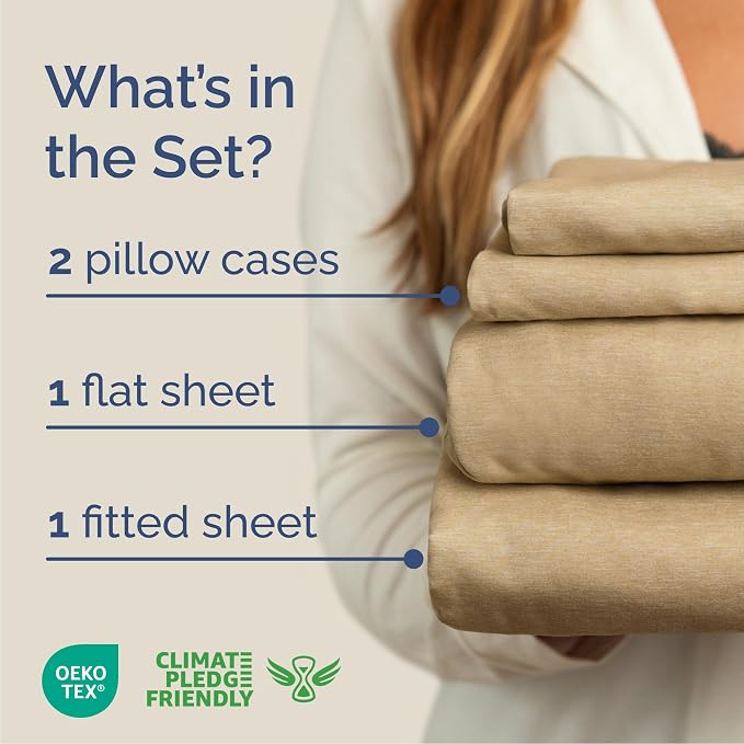 Queen Size 4 Piece Sheet Set - Breathable & Cooling Sheets - Heathered Tan | Hotel Luxury Bed Sheets for Women & Men, Deep Pockets, Easy-Fit, Extra Soft and Wrinkle Free Sheets, Oeko-Tex Bed Sheet Set