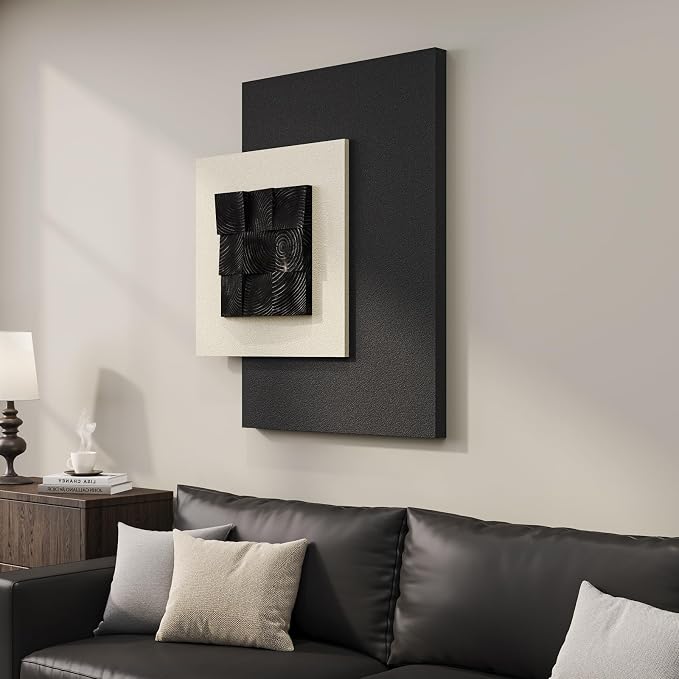 Large Wood Abstract Wall Art for Living Room, Modern 3D Artwork for Walls | Black and white textured paintings, Big woodern layered sculpture, Bedroom dining room office wall decor aesthetic