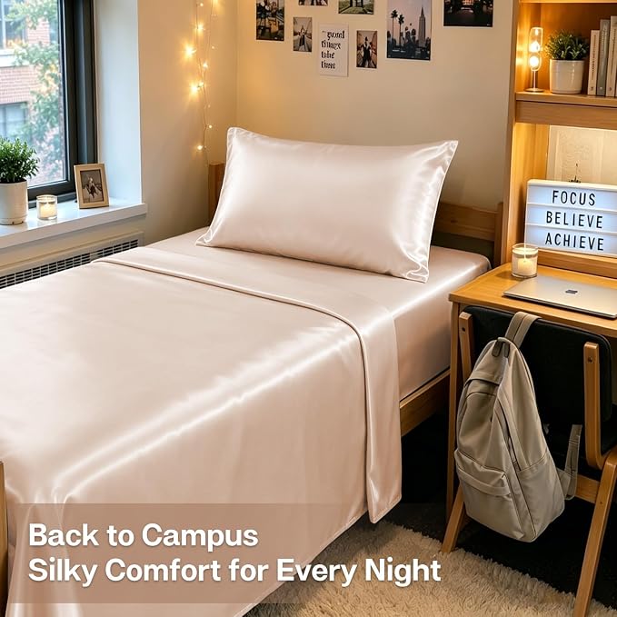 MR&HM Satin Sheets Twin Size with Elastic Corner Straps, Champagne | Similar to Silk, 3-Piece Silky Soft Bed Sheet Set, Gentle on Skin and Hair, 15" Deep Pocket, Cooling & Breathable