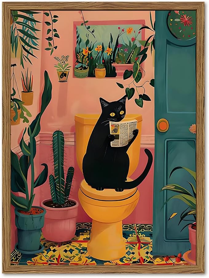 Funny Black Cat Bathroom Wall Art Whimsical Cat Reading Newspaper on Toilet Wall Decor Picture Cute Animal Bathroom Poster Canvas Painting Prints for Restroom 12x16 inch Framed