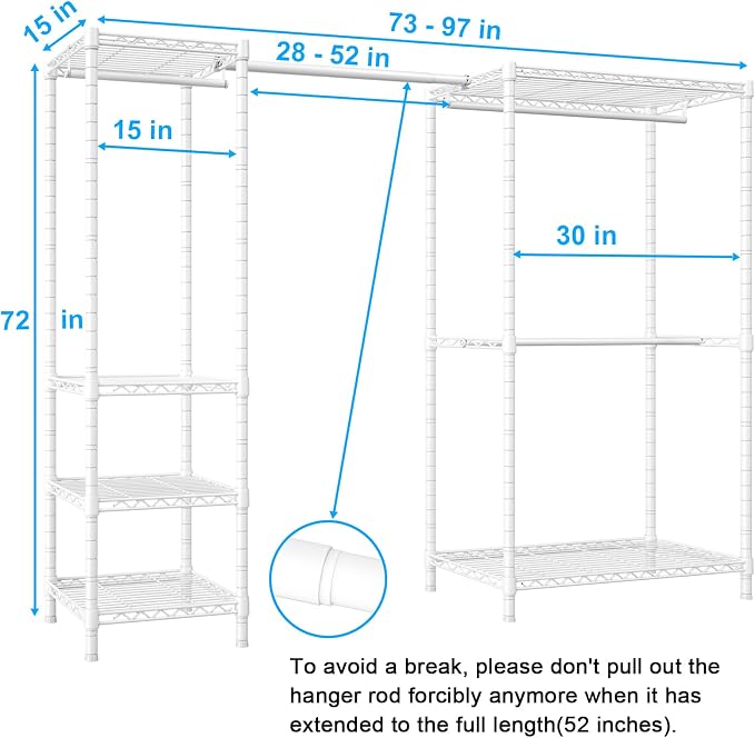 E10 Clothes Rack（With Stretchable Hanger Rod）Freestanding Clothing Racks for Hanging Clothes，Adjustable Closet Organizer System，Portable Garment Rack 73-97"W x 15" D x 72" H，Max Load 800LBS，White