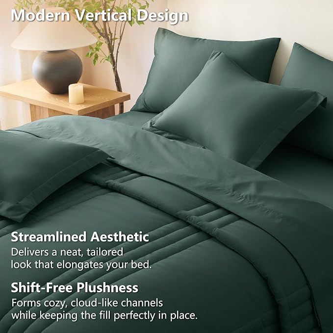 Queen Comforter Set Forest Green - 7 Pieces Bed in a Bag | OEKO-TEX Certified, 240GSM Down-Alternative Comforter, 14" Deep-Pocket Sheets, Shams & Pillowcases, Lightweight