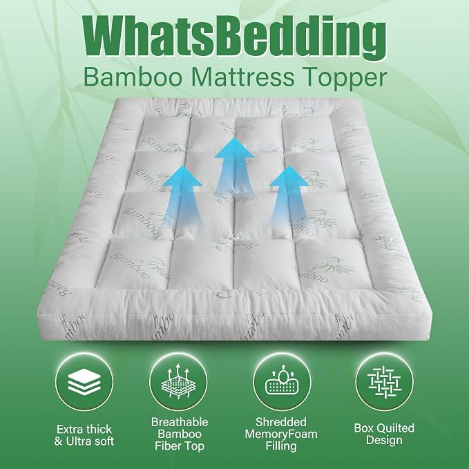 WhatsBedding 5 Inch Memory Foam Mattress Topper Full for Back Pain Relief, Cooling Bamboo Viscose Air Layer, Supportive Pillow Top Mattress Topper, 8-18in Deep Pocket