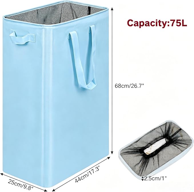 efluky Slim Laundry Basket, Narrow Laundry Hamper with Handles, Collapsible Dirty Clothes Hamper, Tall Laundry Bin for Laundry Room, Dorm and Bedroom, 19.8 Gallon (75L) Sky Blue