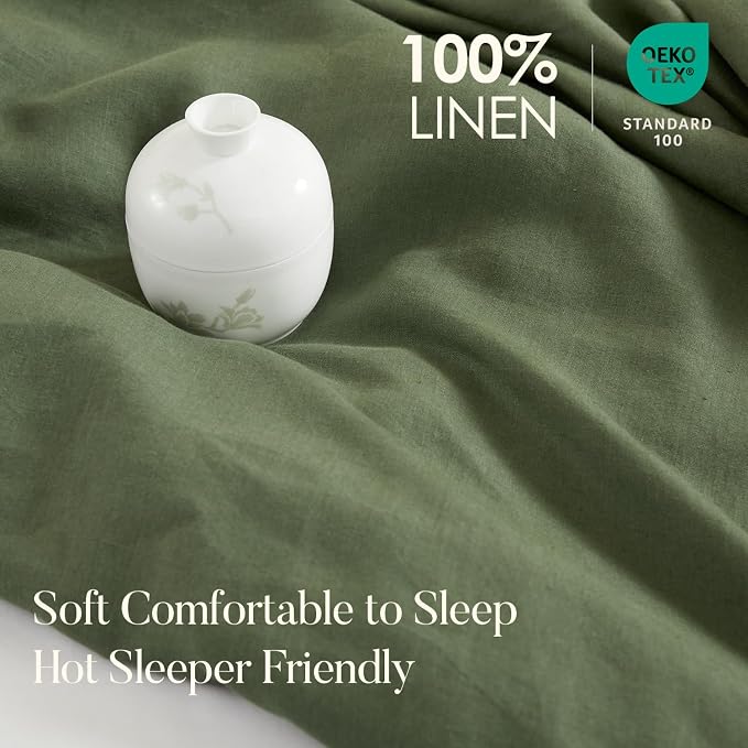 DAPU 100% French Linen Duvet Cover 3Pcs Set, 170GSM Linen Bedding, Queen | Soft Breathable All-Season for Hot sleepers, Corner Ties & Zipper Closure, French Linen Flax from Normandy, Olive Green