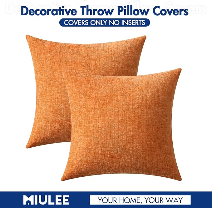 MIULEE Soft Chenille Fall Throw Pillow Covers Orange 16x16 Inch Pack of 2 | Modern Fall Home Decor, Classic Decorative Pillows, Solid Dyed Cases, Boho Couch Cushion Covers for Sofa Bed Living Room