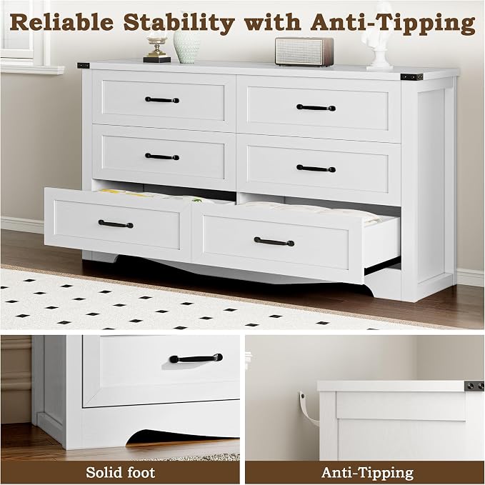 BORNOON 6-Drawer Dresser for Bedroom, Modern Wooden Chest of Drawers with Metal Handles, Anti-Tipping Design, Sturdy and Stable Storage Organizer for Living Room, Entryway, Home Office