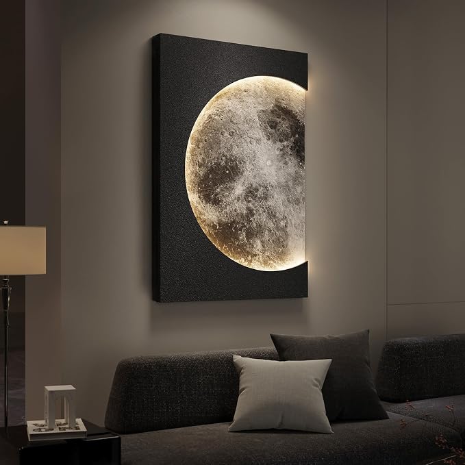 Cuspin Large 3D LED Moon Wall Art, 24x36 In (Black) | Modern minimalist style, Lighted lunar design, Standstone-like textured, For bedroom living room dining room hallway entryway