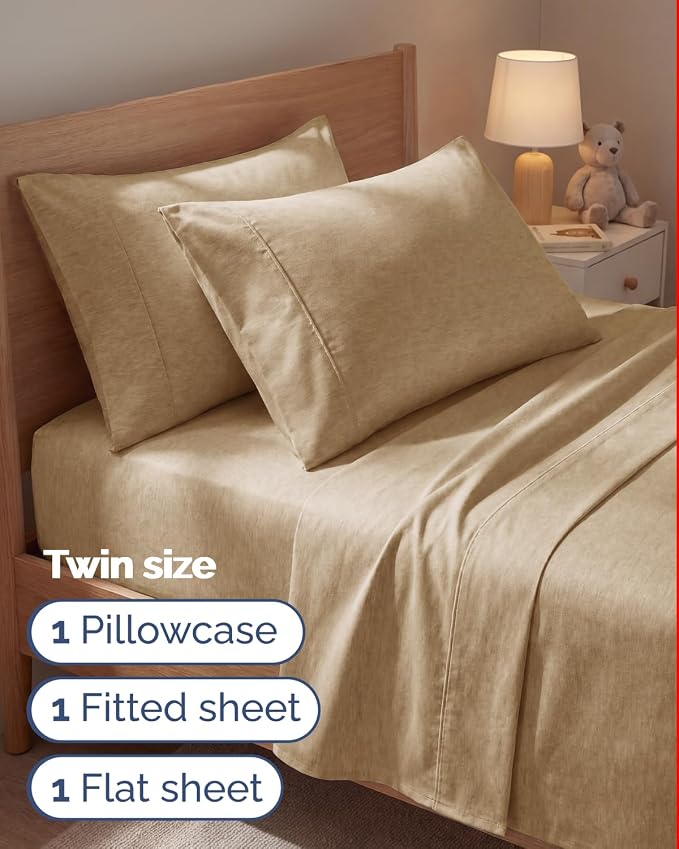 Twin 4 Piece Bed Sheet Set - Breathable & Cooling Sheets - Heathered Tan | Ultra Soft Hotel Luxury Bedding Set with 8-16 Inch Deep Pockets, 1 Flat & 1 Fitted Sheet & 2 Pillowcases, Wrinkle & Fade Free