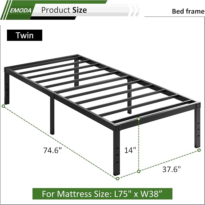 EMODA 14 Inch Twin Bed Frames No Box Spring Needed, Heavy Duty Metal | Twin Platform Bed Frame, Noise Free, Easy Assembly, Black