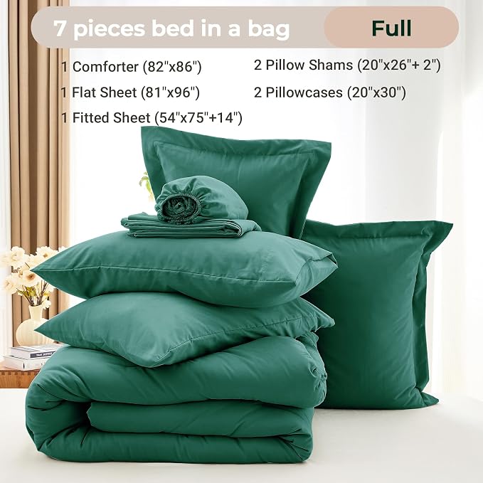 7 Pieces Full Comforter Set, Soft Bed in a Bag Full Size, All Season Bedding Set with Comforter, Flat Sheet, Fitted Sheet, Pillowcases & Shams, Emerald Green
