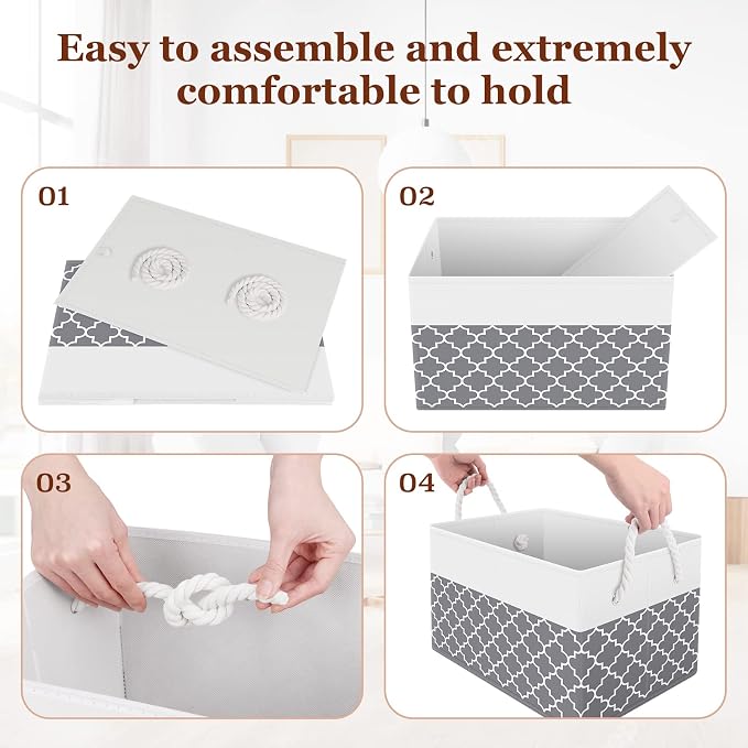 Storage Bins Foldable Storage Baskets with Rope Handles | 3-Pack Storage Bins for Organizing Toys, Books, Shelves, Closet, Large Storage Box Sturdy Organizer Bins, Clover Grey