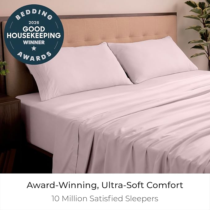 Mellanni Iconic 4-Piece, Ultra Soft Sheet Set (King, Blush Pink) | 10M+ Sleepers. Lab-tested: Sleeps Cool, Stays Bright, Strong, Smooth. Good Housekeeping Best Bedding, 7 yrs running.