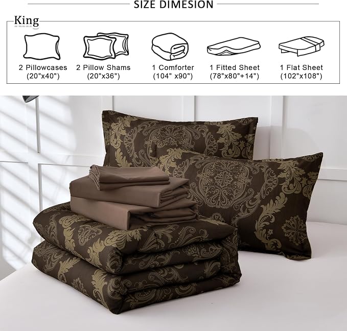 WONGS BEDDING Damask Comforter Set King Size, Coffee Gold Texture Design 7 Pcs Bed in a Bag Microfiber Comforter Bedding Sets -1 Comforter, 1 Flat Sheet, 1 Fitted Sheet, 2 Pillow Shams,2 Pillowcases