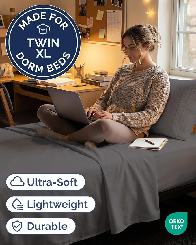 Twin XL 3 Piece Sheet Set - College Dorm Room Essentials - Dark Grey | Deep Pocket Bed Sheets for Women, Men, Teens & Students, Soft, Cooling, Breathable & Wrinkle Free, Oeko-Tex Bed Sheet Set