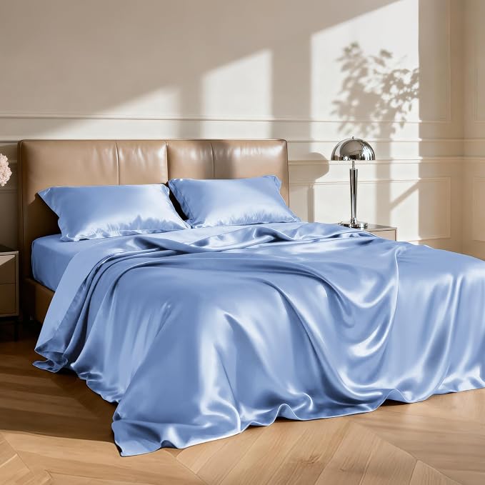 Love's cabin Full Size Satin Sheet Sets - 4 Piece Sky Blue Silky Sheet Set Full with Deep Pocket, Luxury Silk Feel Bed Sheets Full Bedding Set (1 Flat Sheet,1 Fitted Sheet,2 Pillow Cases)