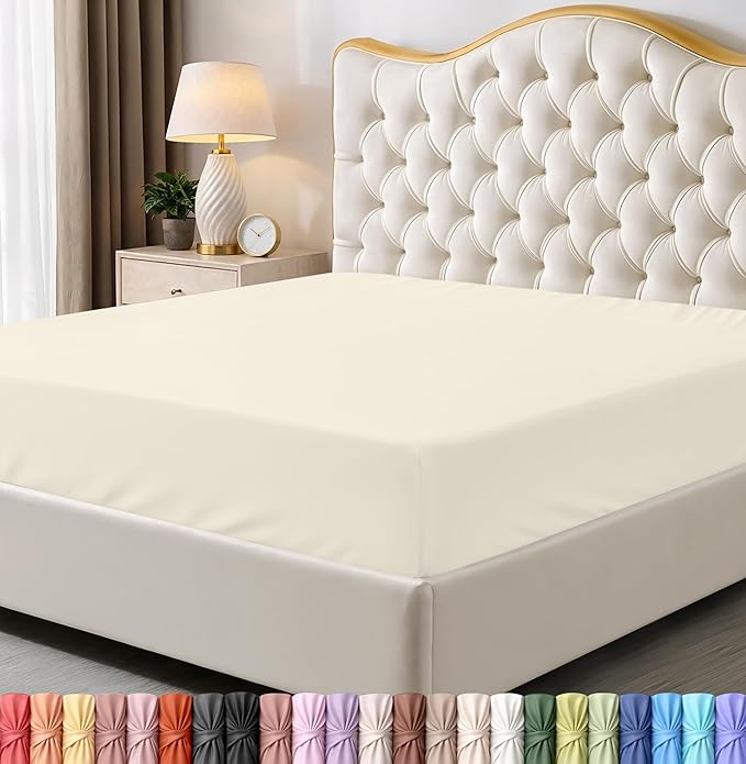 Queen Fitted Sheet, Ultra Soft Fits Up to 16 Inch Deep Pocket, Ivory | Hotel Comfort, Cooling & Breathable Cotton like Polyester, Easy Fit, Wrinkle & Fade Resistant, Snug Fit, Easy Care, Oeko-Tex