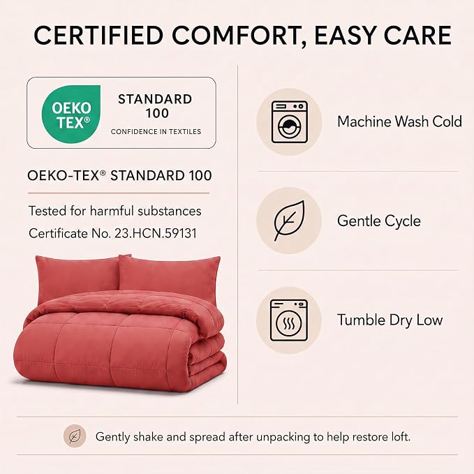 Twin XL Comforter Set Coral - 5 Pieces Twin XL Bed in a Bag | College Dorm Essentials, OEKO-TEX Certified, All Season, Down-Alternative Comforter + Flat & Fitted Sheets + 2 Pillowcases