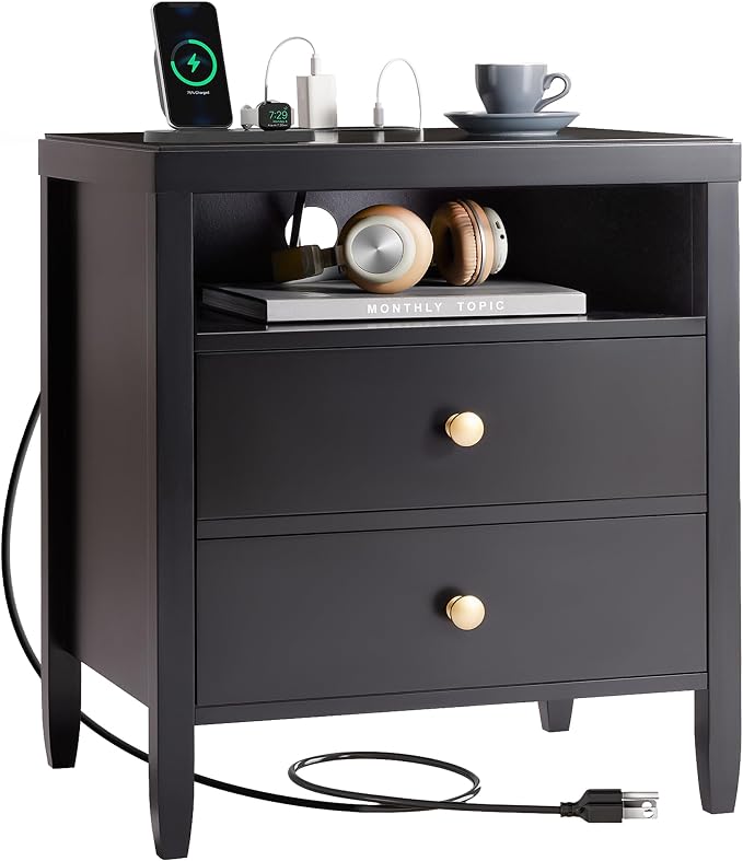 Huuger Nightstand with Charging Station, Black Nightstand with 2 Drawers | Bed Side Table for Bedroom, Bedside Table with Storage, Modern Nightstands, Metal Knobs, Painted Surface