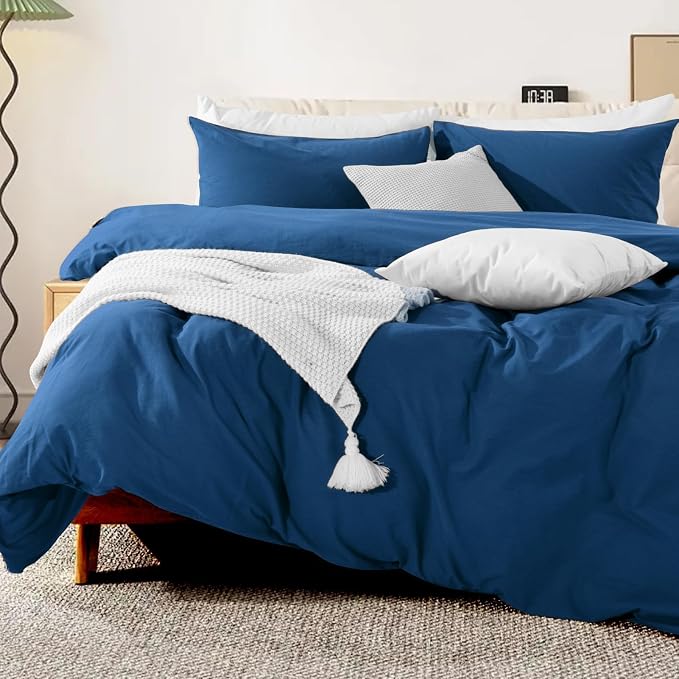 NEXHOME PRO 100% Washed Cotton Duvet Cover Super King 108"x98", Organic Natural Linen Look Textured 3 Pieces Bedding Set Royal Navy Klein Blue Breathable (No Comforter)