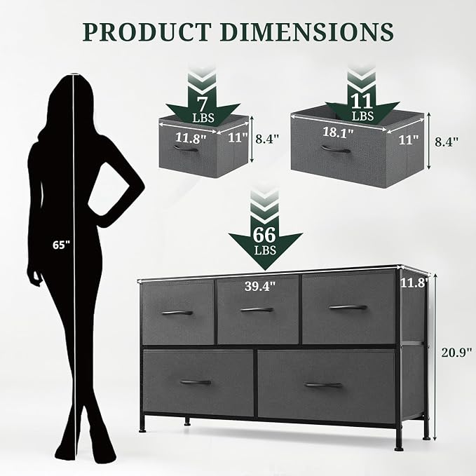 5-Drawer Dresser for Bedroom, Anti-Tip Wide Storage Organizer Fabric | Chest of Drawers TV Stand for 45" TV with Wooden Top and Metal Frame for Closet, Living Room, Hallway, Entryway, Gray