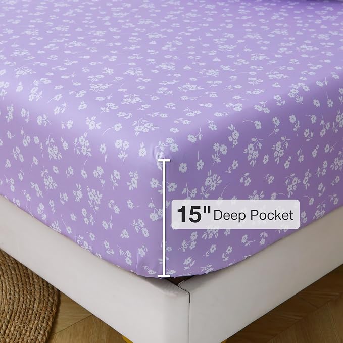 Viviland King Sheet Set - 4 Piece Cute Purple and White Flower Patterned Bed Sheets - Soft, Breathable Microfiber Sheets with Deep Pocket, Non-Slip Fitted Sheets & Pillowcases