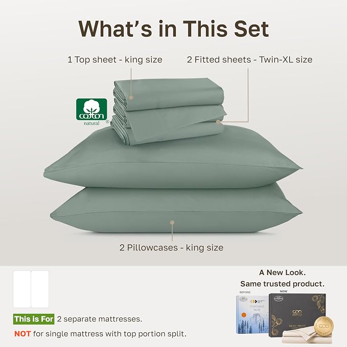 California Design Den 800 Thread Count Split King Sheets, 5 Pc Set | 100% Cotton Sateen, Good Housekeeping Seal, Split King Sheets Sets for Adjustable Bed with 2 Separate Twin-XL Mattresses