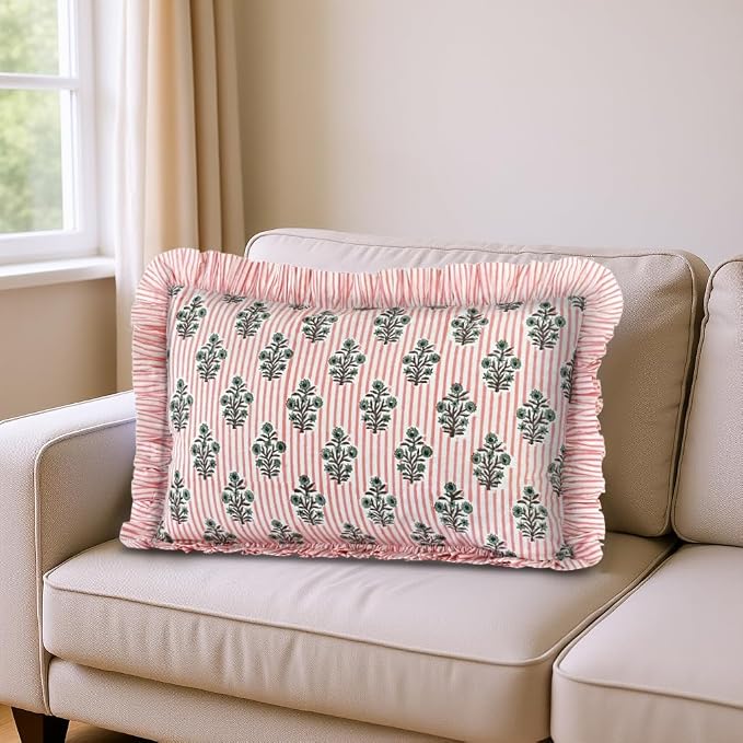 Ridhi Block Print Salmon Blossom Ruffle Lumbar Pillow Shams, 20" x 12" | 100% cotton, Floral Pillowcase, Cushion Cover, Hidden Zipper, Cottagecore Bedding, farmhouse boho style, fits couch, sofa,Bed