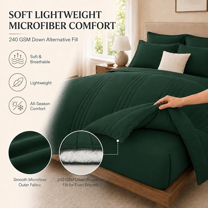 Full Comforter Set Emerald Green - Bed in a Bag Full Size 7 Pieces, Soft Bedding Set for All Seasons, Premium Comforter Set with Comforter, Sheets, Pillowcases & Shams
