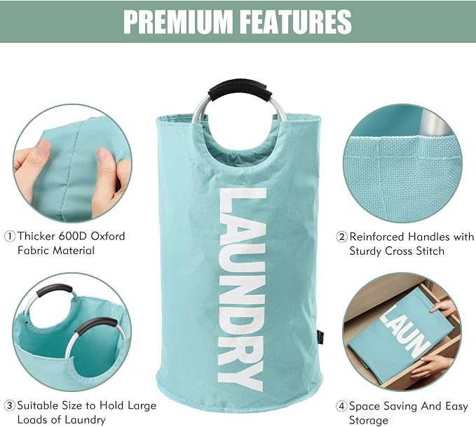 DOKEHOM 125L X-Large Collapsible Washing Laundry Basket Bag (7 Colors) for Bedroom, Fabric (Light Blue, XL) | Freestanding tall washing bin & foldable laundry bag. Extra large clothes storage basket with durable sturdy handles