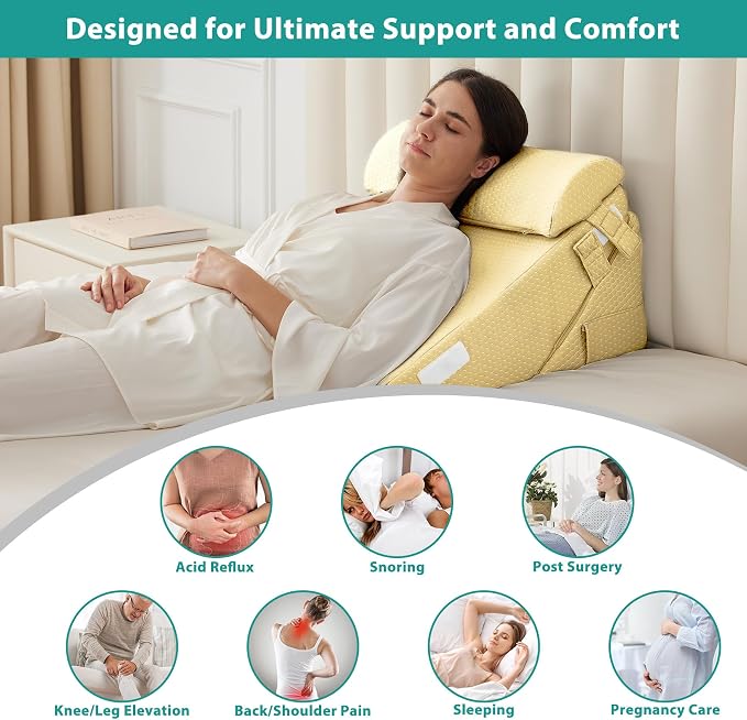 Adjustable 3pcs Bed Wedge Pillow Set, Memory Foam Wedge Pillows Post Surgery for Back, Neck, Leg Pain Relief, Pillow Wedge for Sleeping, Sitting up in Bed, Acid Reflux and GERD, Beige Yellow