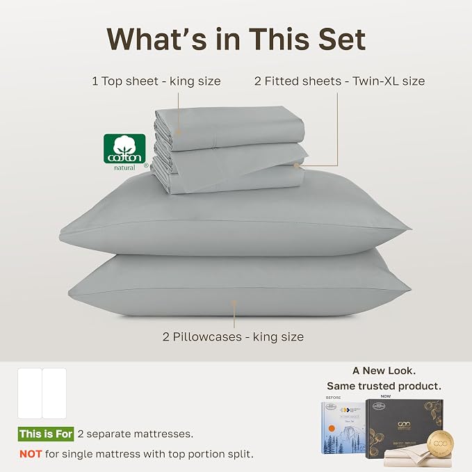 California Design Den 800 Thread Count Split King Bed Sheet Set, 5 Pcs Set | 100% Cotton Sateen, Good Housekeeping Seal, Split King Sheets Sets for Adj. Bed with 2 Sep. Twin-XL Mattresses - Light Grey