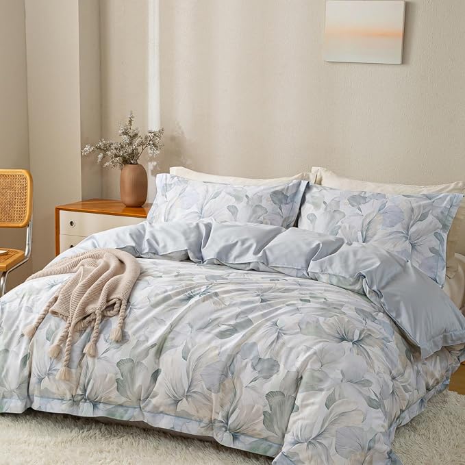 OAITE King Floral Pattern Duvet Cover Set Unique Design 3pcs 100% Cotton | Exquisite Stitched Hem, Breathable,Soft,Dual Zipper,8 Corner Ties,Easy Care for All Season