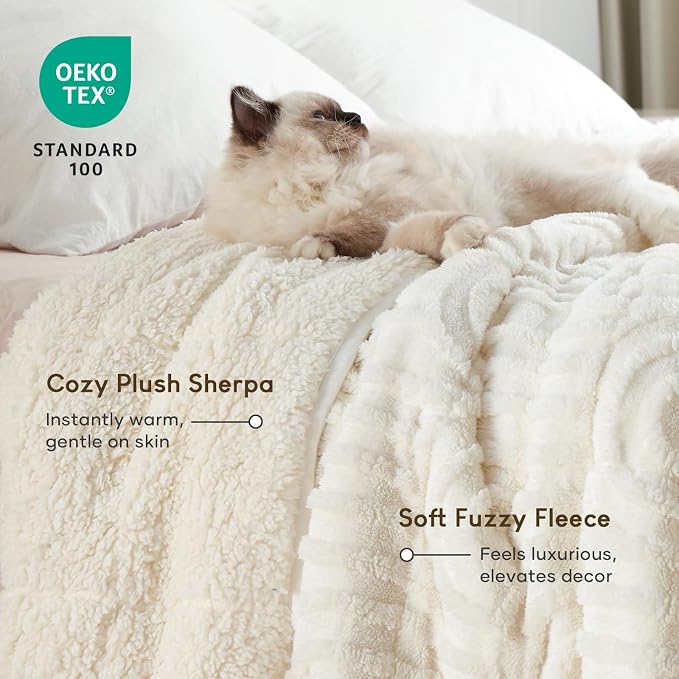 Cottonblue Weighted Blanket for Adults King Size 15lbs 80"x87" Soft Sherpa | Cozy Fleece Jacquard Weighted Blankets Throw for Sleep Calm Relax, Fuzzy Warm Arch Sofa Couch Blanket, Cream White, Washable