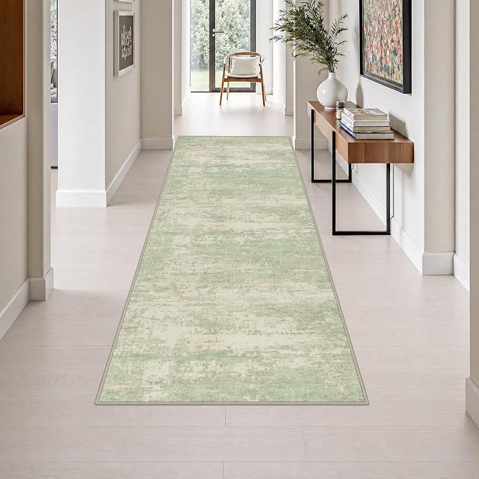 3x8 Washable Runner Rug：Modern Abstract Soft Carpet Green Cream | For Hallway, Bedroom, Kitchen, Laundry, Bathroom,Door Mat,Modern Abstract,Machine washable,Non-Slip,Stain Resistant,Indoor